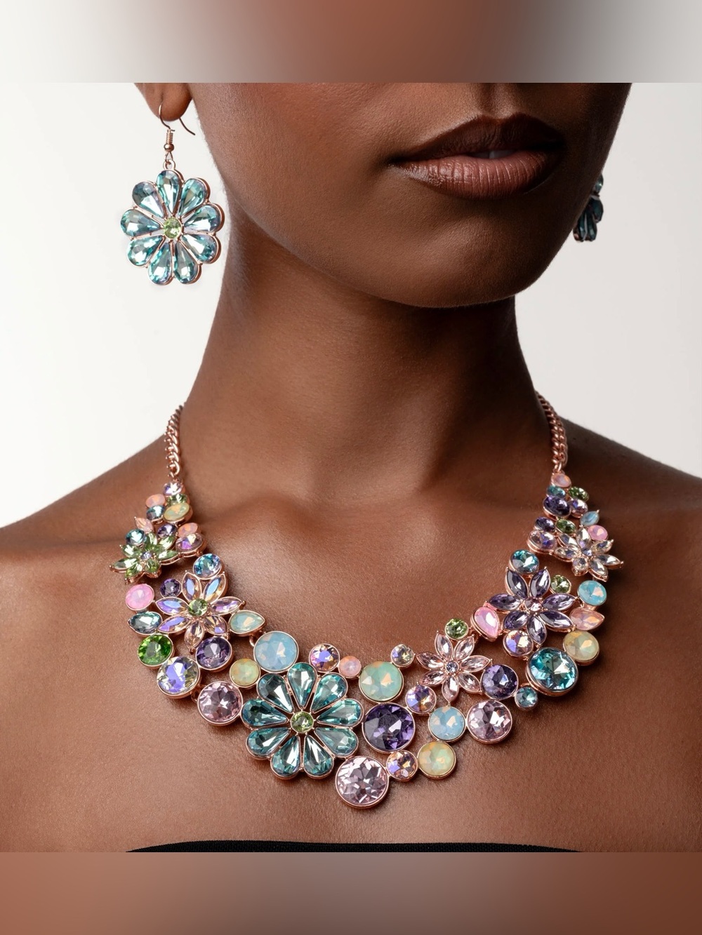 Multicolor Floral Crystal Statement Necklace and Earrings Set